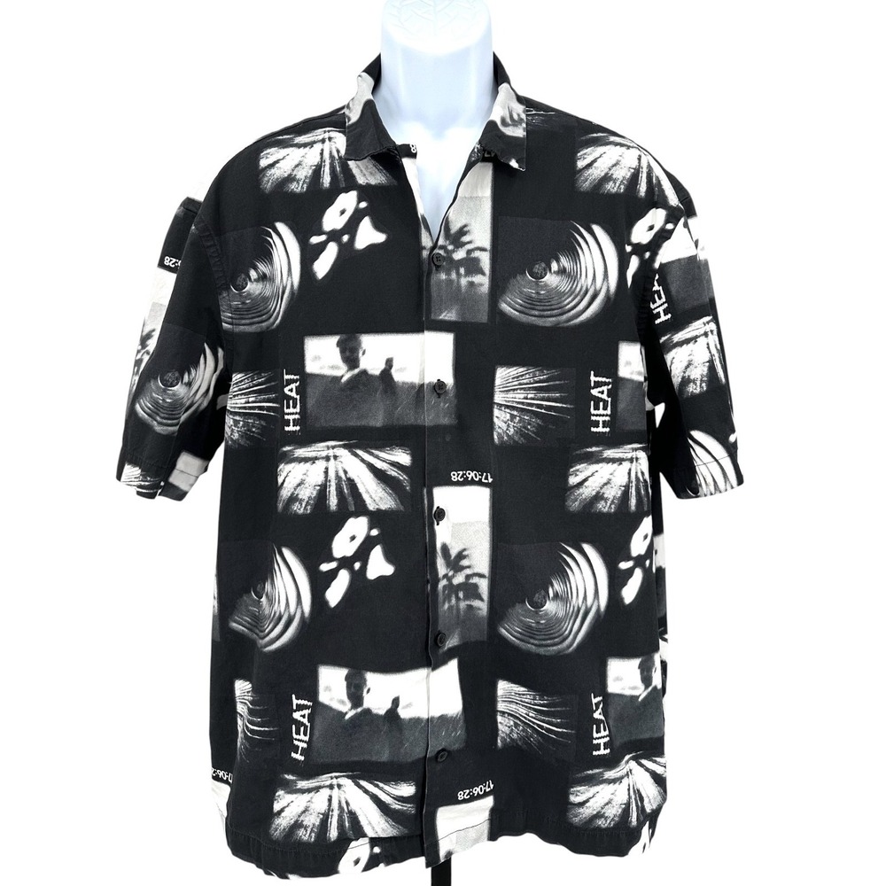 H&M‎ LOGG Short Sleeve Shirt Black & White Graphic Cotton Button Down Men's XL